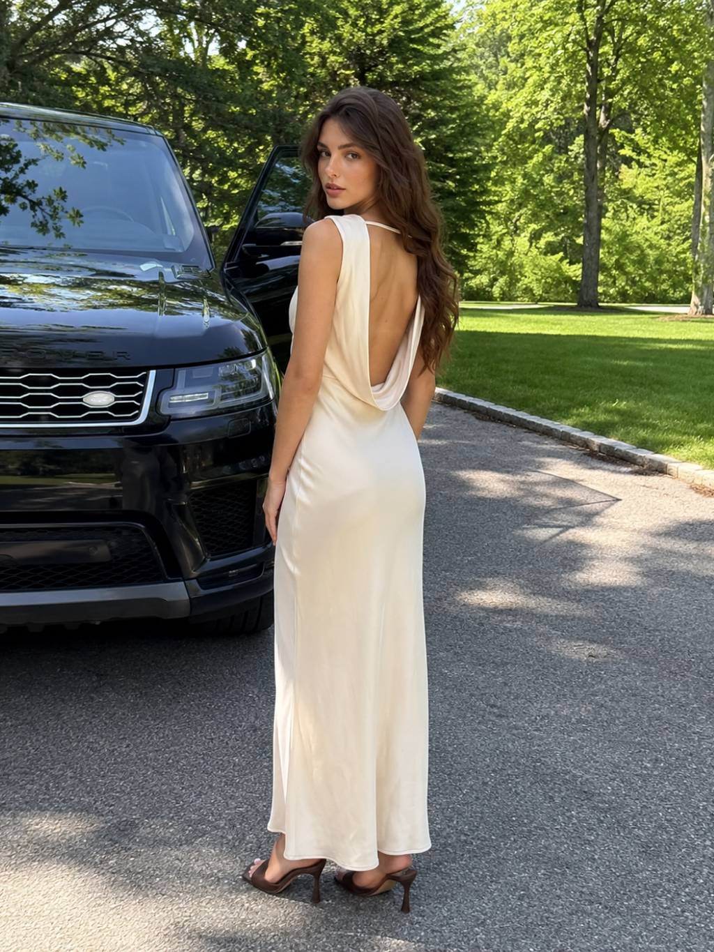YSEULT Women's Cowl Neck Open-Back Satin Maxi Dress