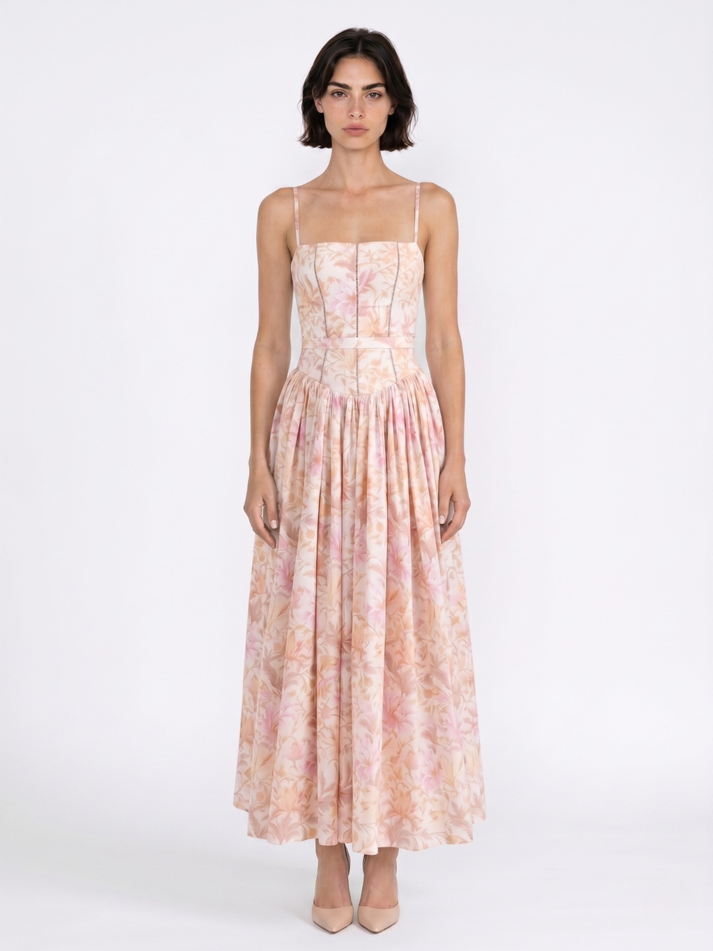 ROSEMUND Women's Floral Spaghetti-Strap Midi Dress with Gathered Skirt