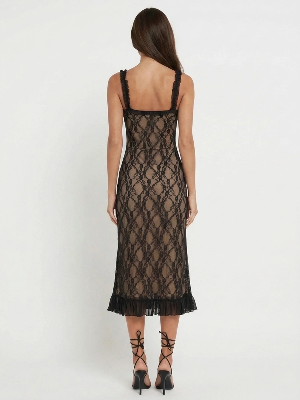 MARCHETTA Women's Lace Sweetheart Midi Dress with Ruffle Hem