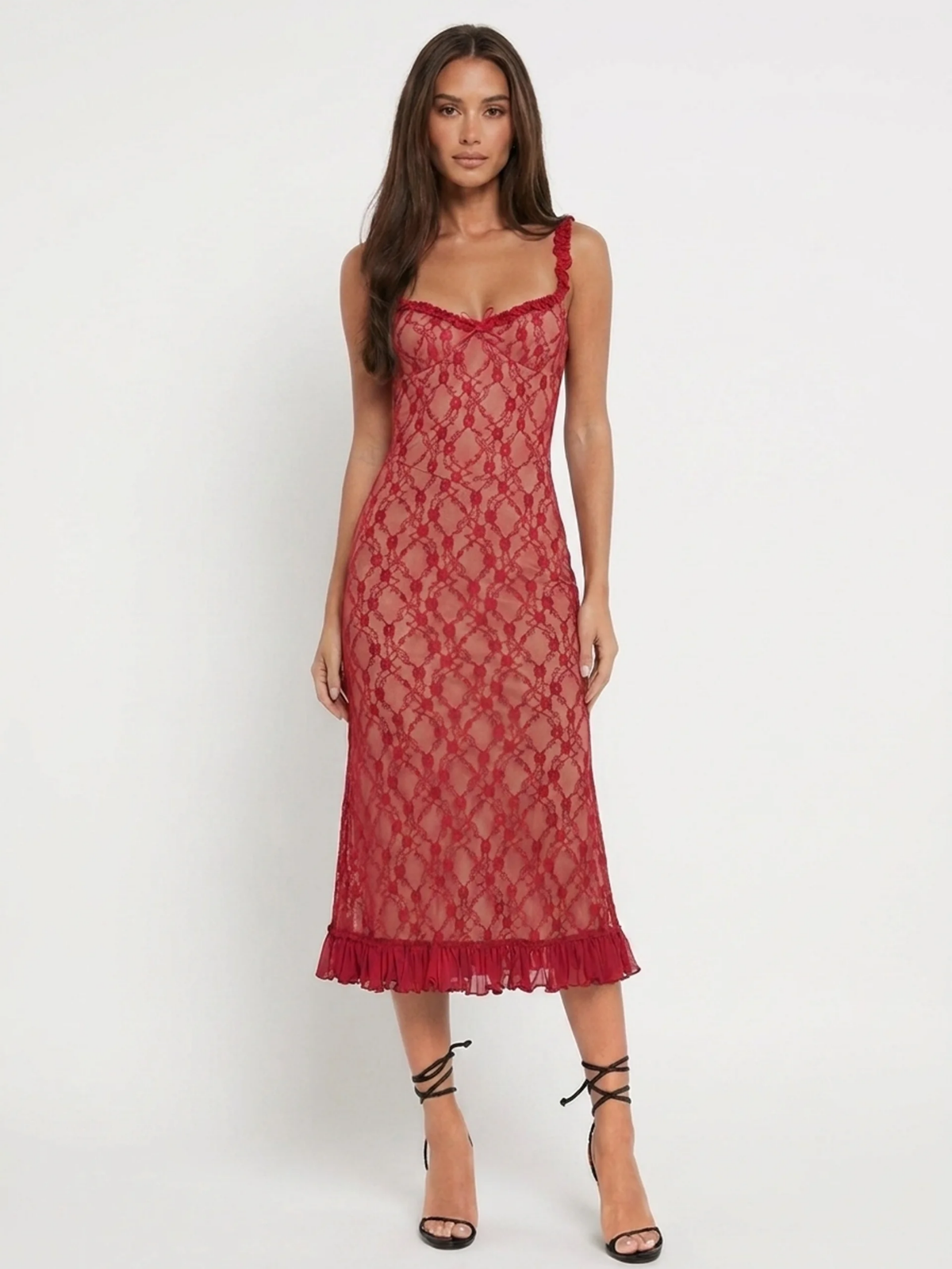 MARCHETTA Women's Lace Sweetheart Midi Dress with Ruffle Hem