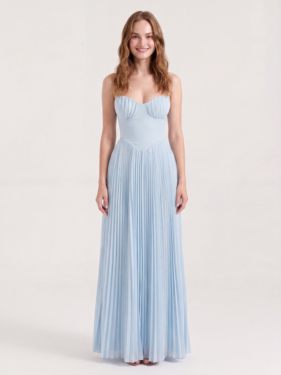 VIVIETTE Women's Strapless Pleated Maxi Dress with Shell Corset Bodice