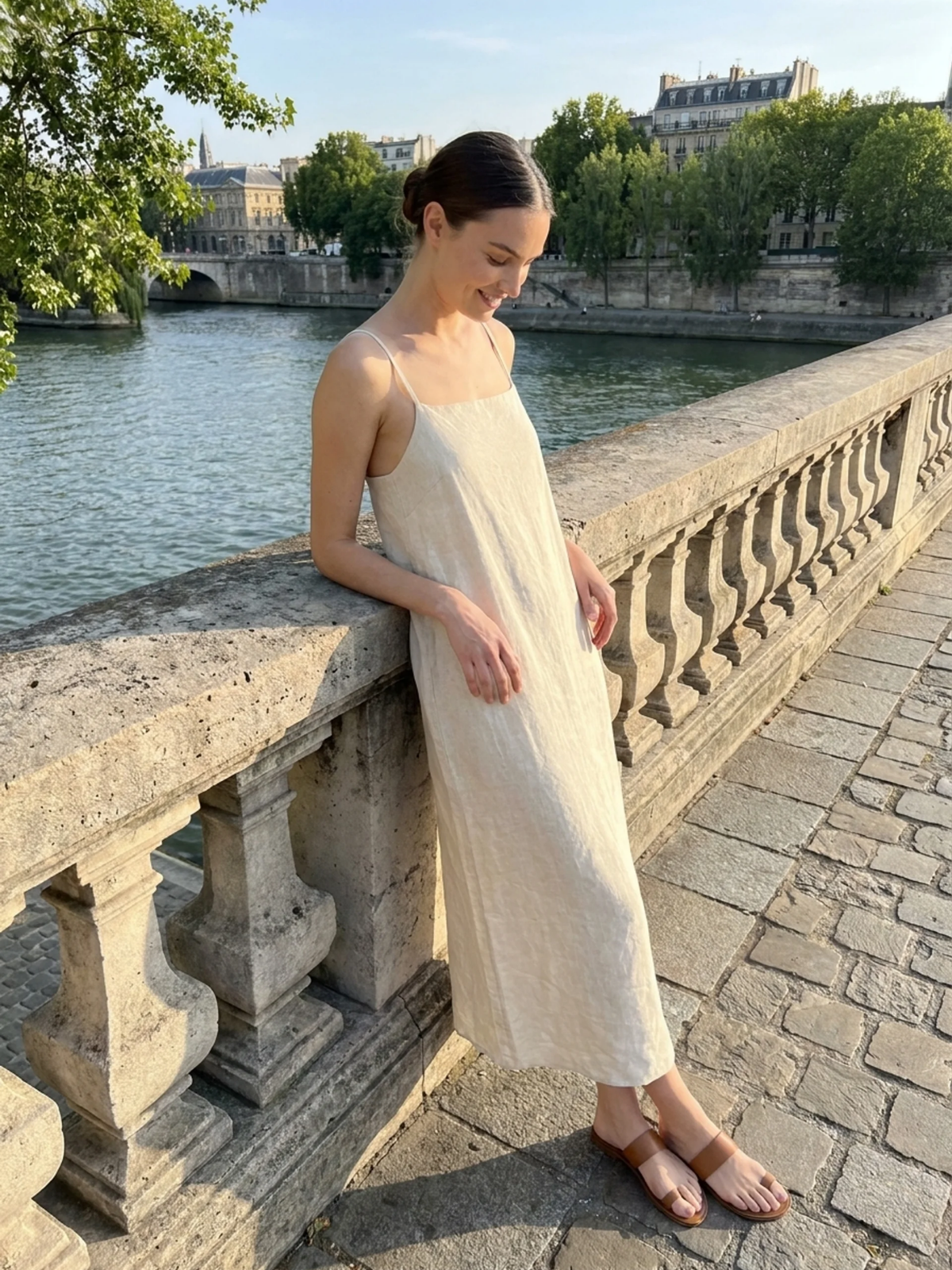 WINDROSE Women's Cotton-Linen Strappy Slip Maxi Dress