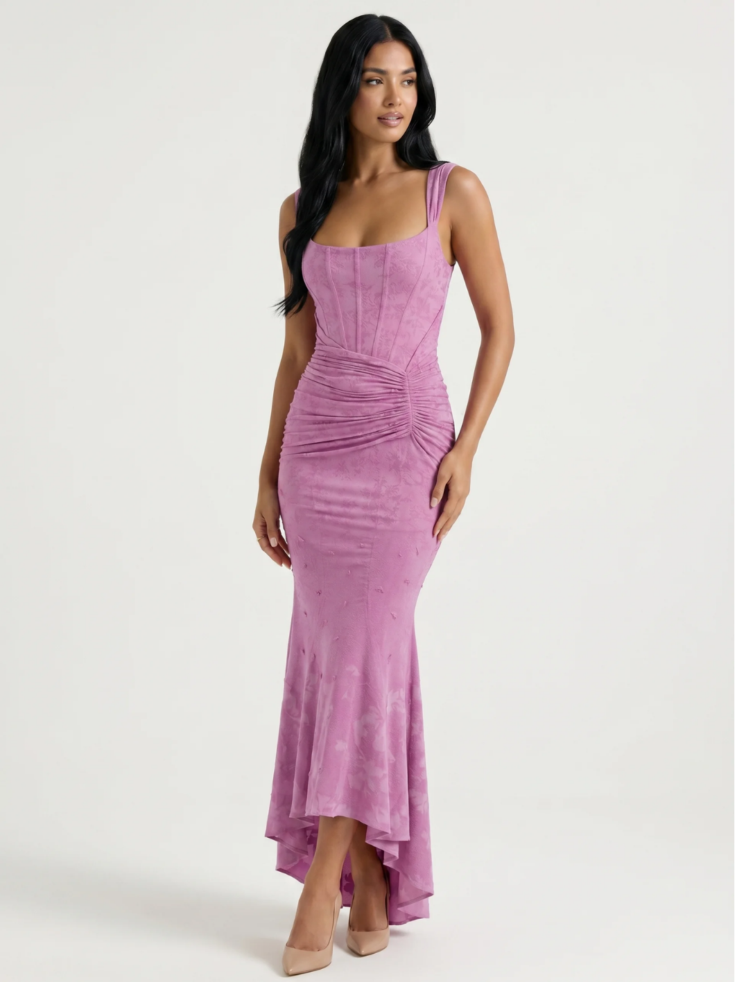 URSULINA Women's Corset Bodice Ruched High-Low Midi Dress