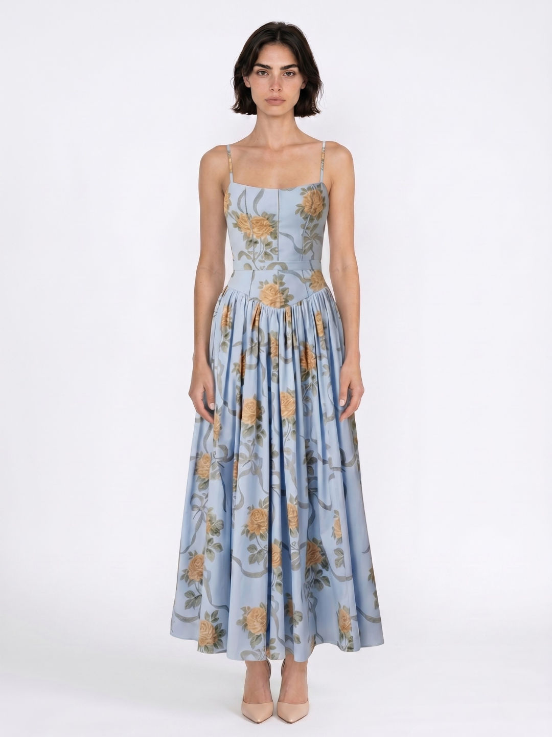 ROSEMUND Women's Floral Spaghetti-Strap Midi Dress with Gathered Skirt