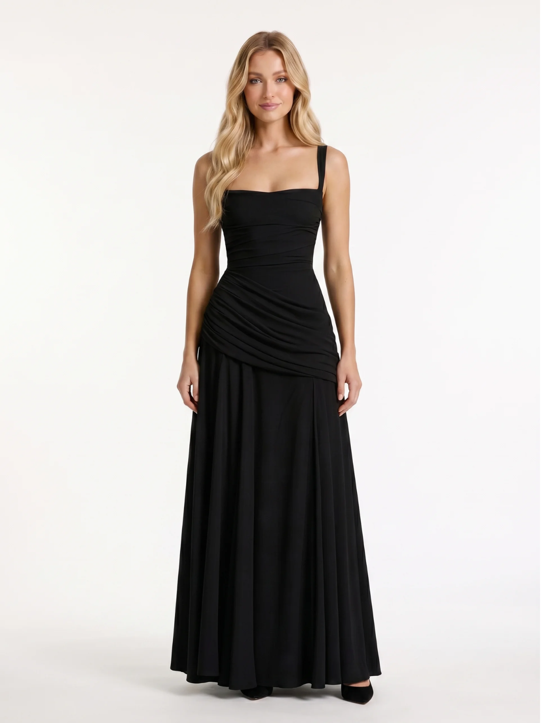 AMBRETTE Women's Square-Neck Ruched Maxi Dress with Draped Waist