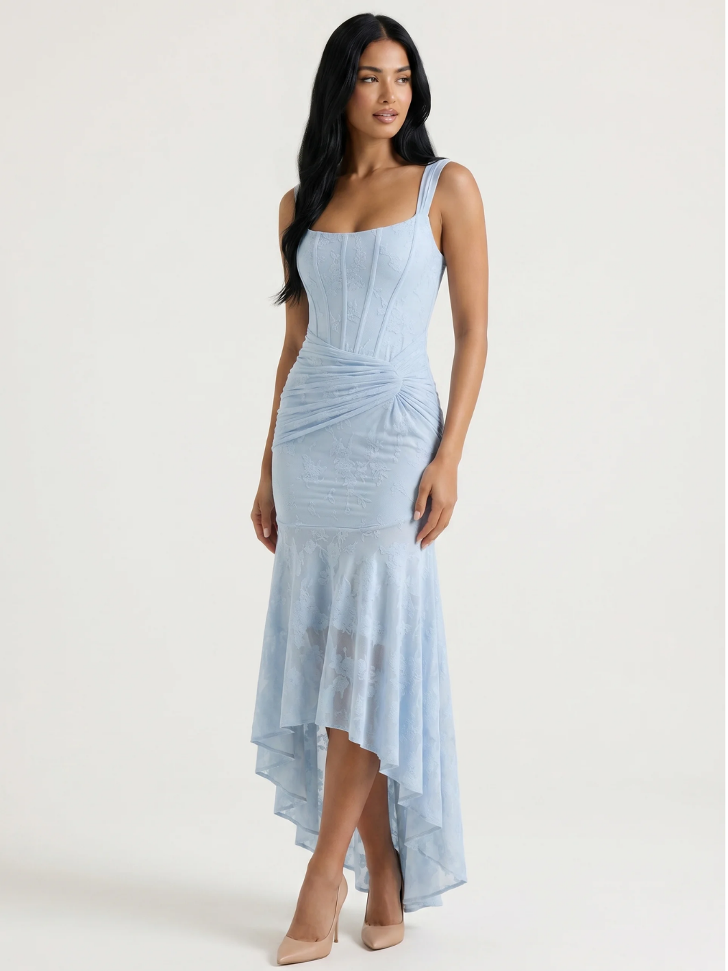 URSULINA Women's Corset Bodice Ruched High-Low Midi Dress