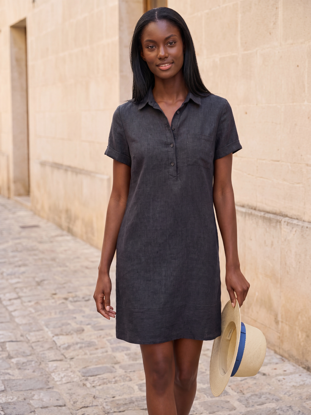 LUCREZIA Women's Short-Sleeve Linen Relaxed Popover Shirtdress with Pockets