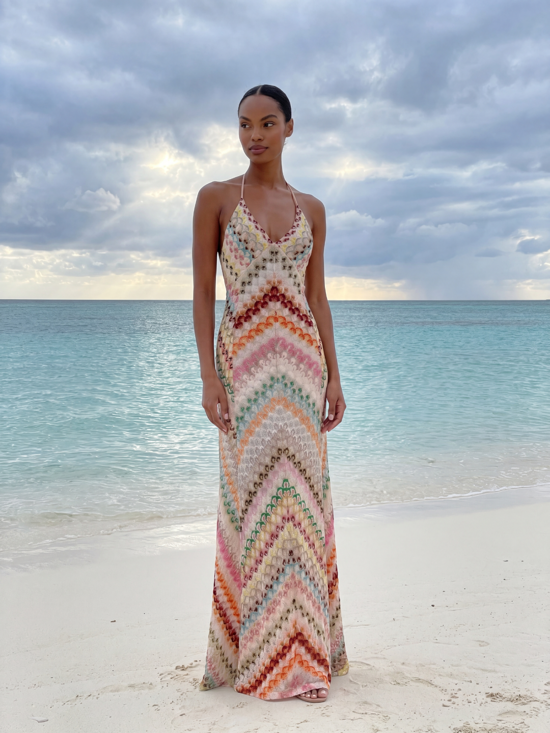 CORVANI Women's Crochet Knit Chevron V-Neck Maxi Dress
