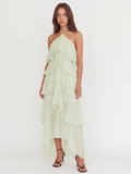 HESPER Women's Halterneck Tiered Ruffle Maxi Dress