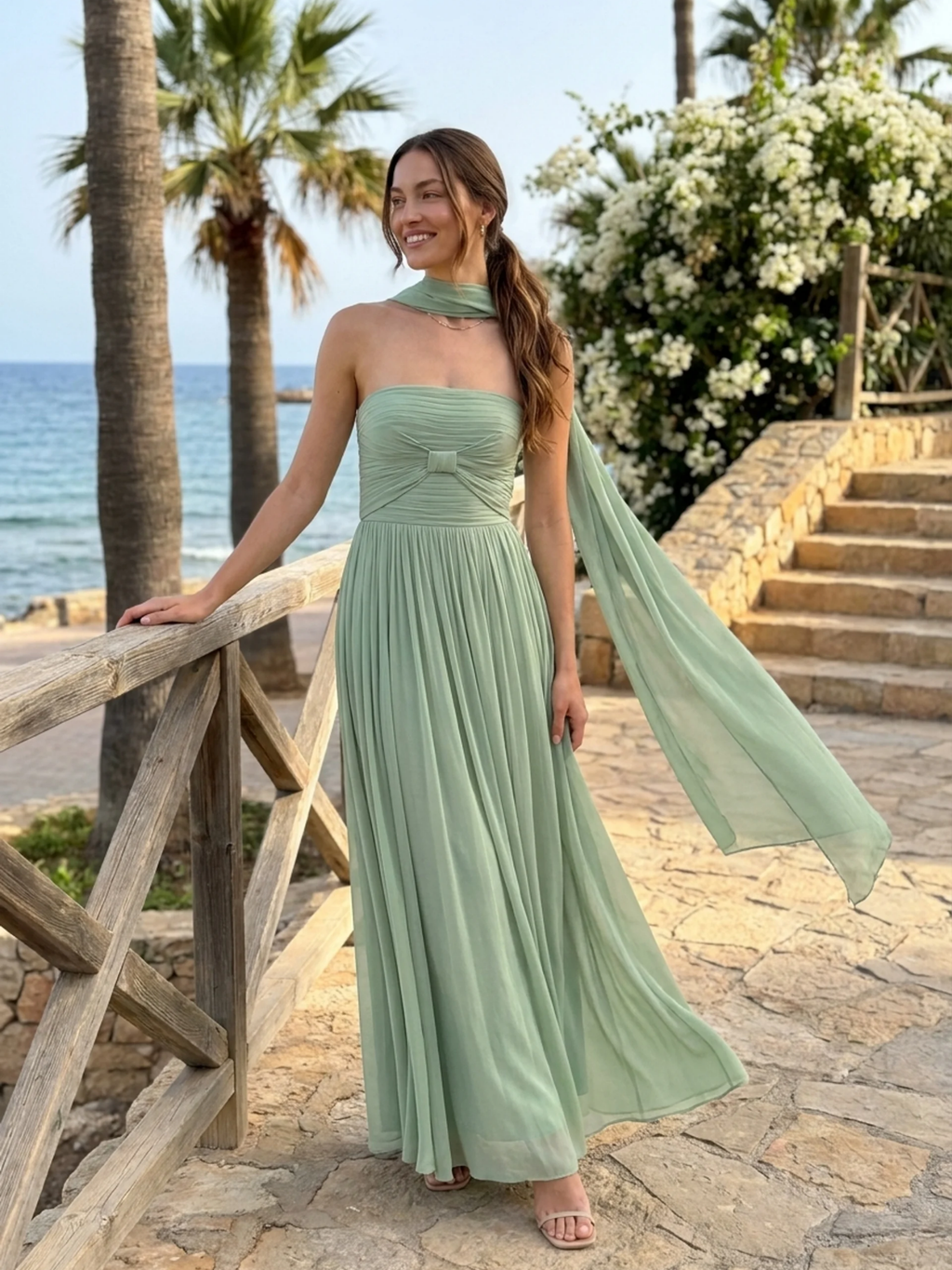 EVERLEIGH Women's Strapless Pleated Maxi Dress with Scarf Detail