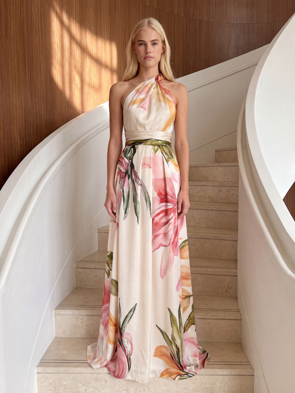 ZALTANA Women's Floral Halter Neck Maxi Dress