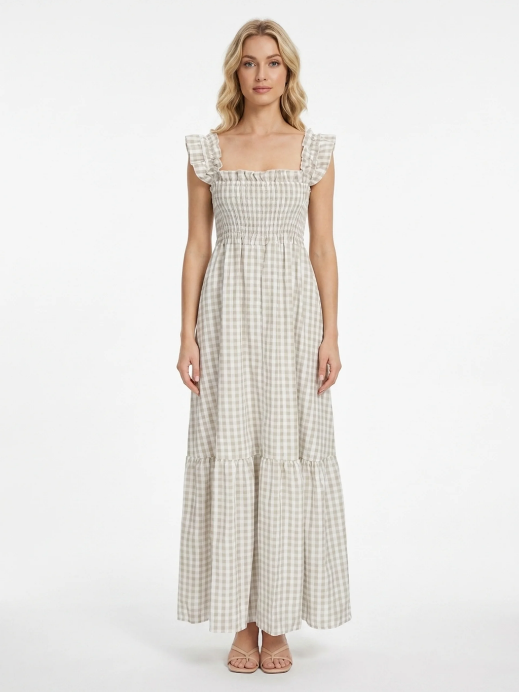 SIDONIE Women's Smocked Gingham Maxi Dress with Ruffle Sleeves