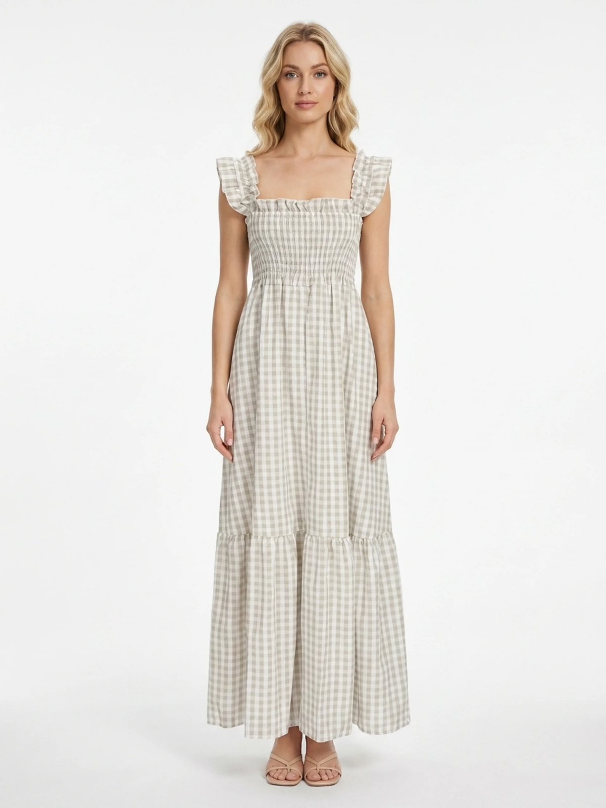 SIDONIE Women's Smocked Gingham Maxi Dress with Ruffle Sleeves