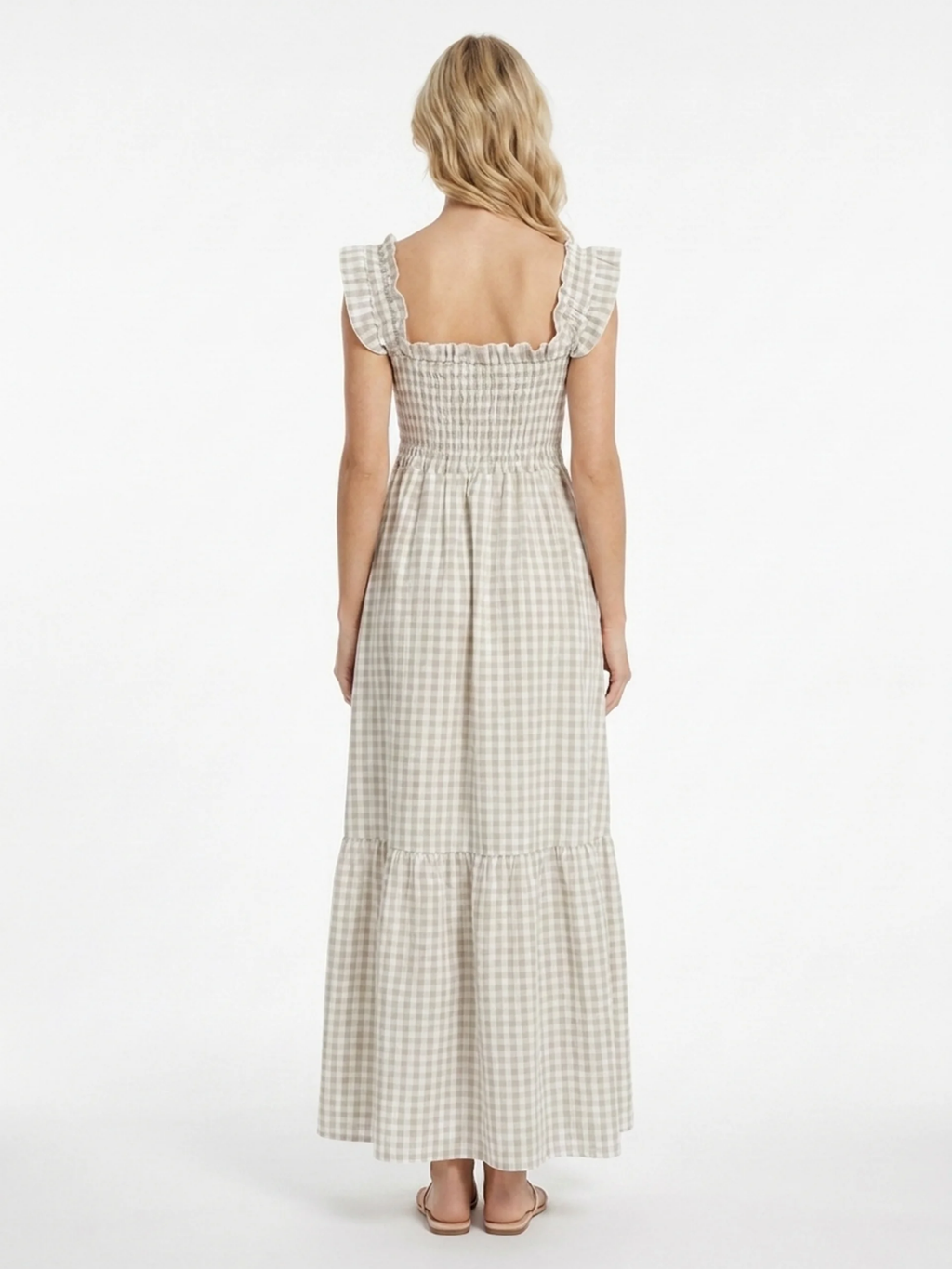 SIDONIE Women's Smocked Gingham Maxi Dress with Ruffle Sleeves