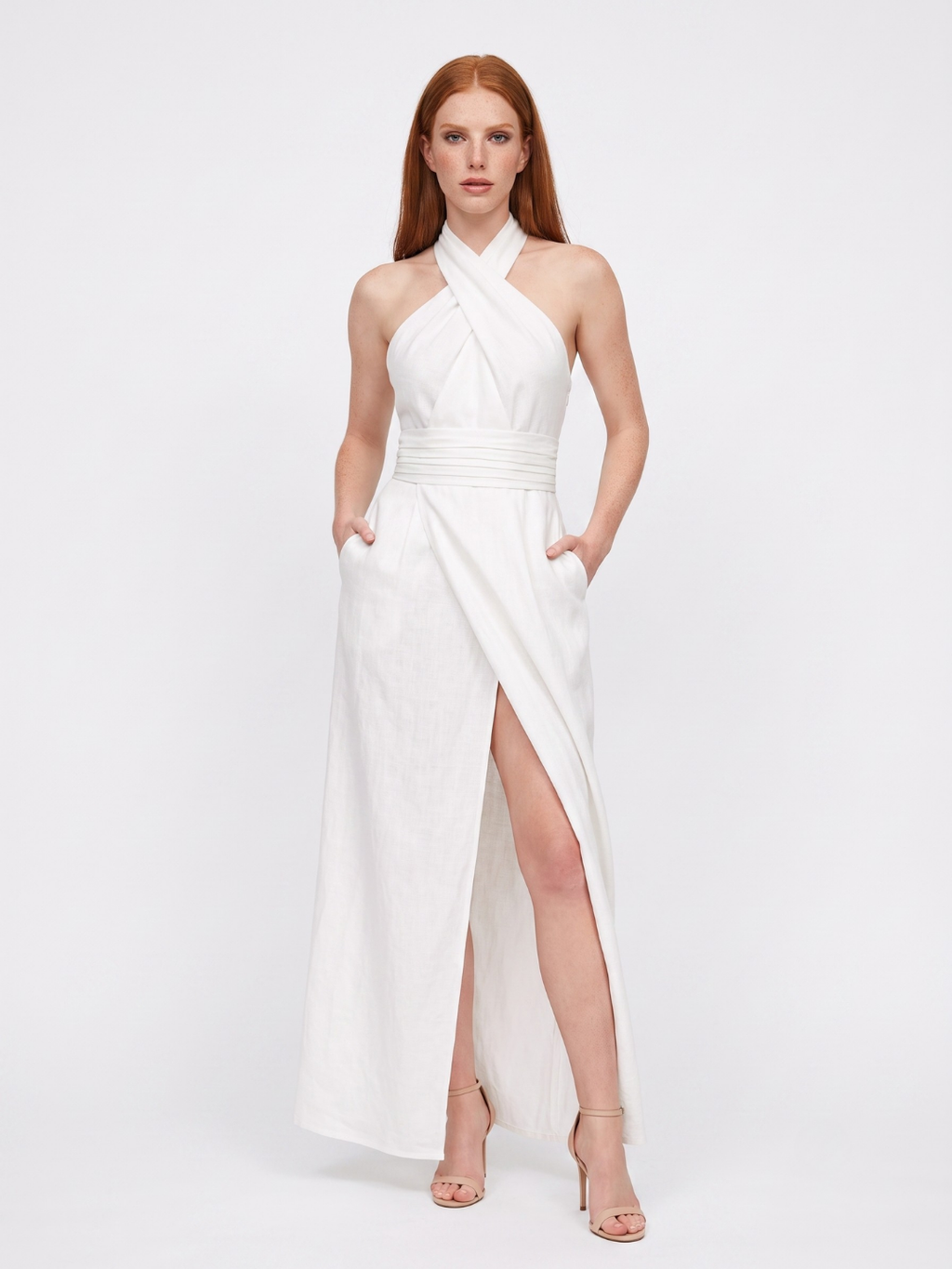 RONELLE Women's Cross-Halter Ruched Slit Maxi Dress