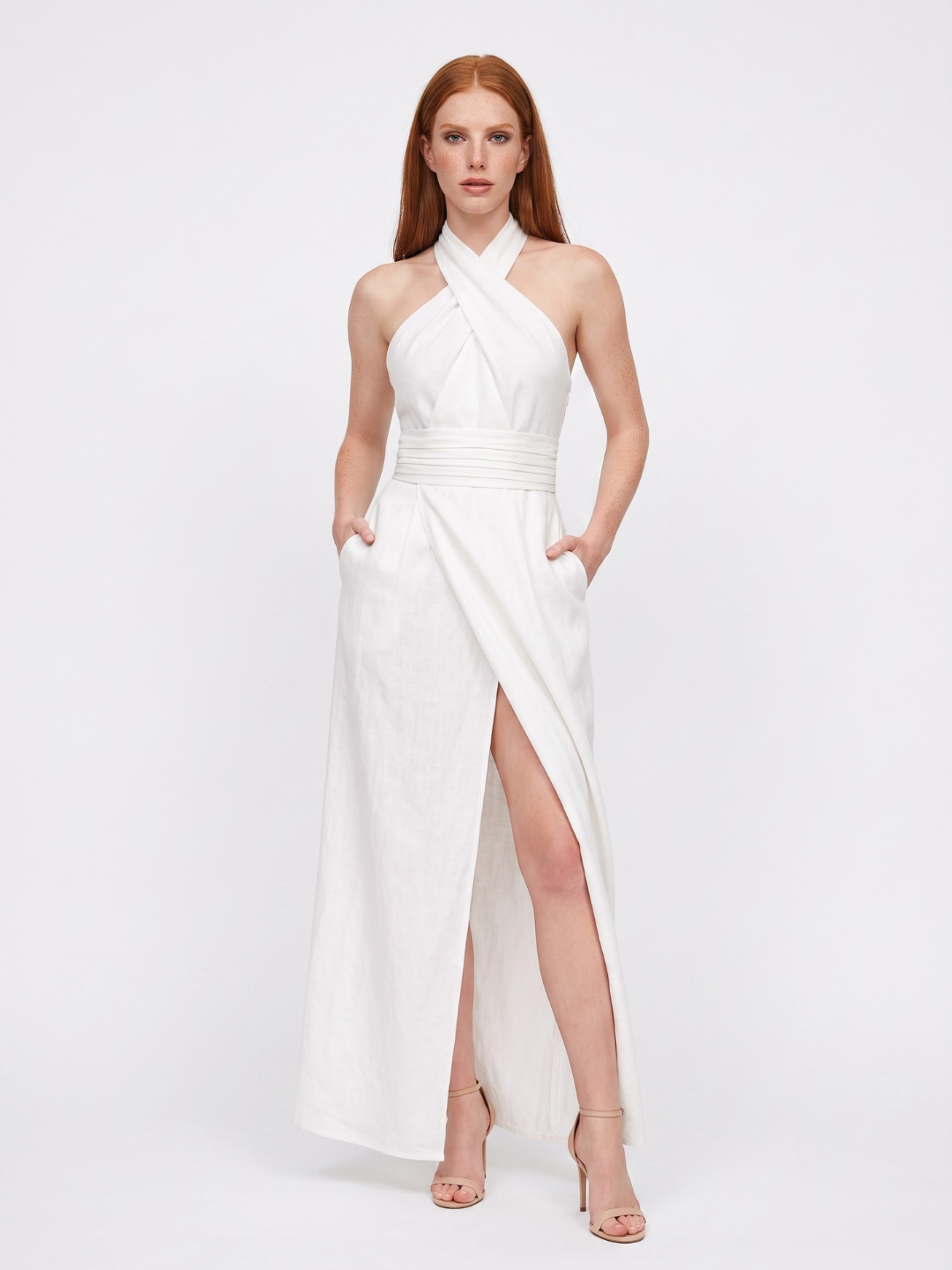 RONELLE Women's Cross-Halter Ruched Slit Maxi Dress