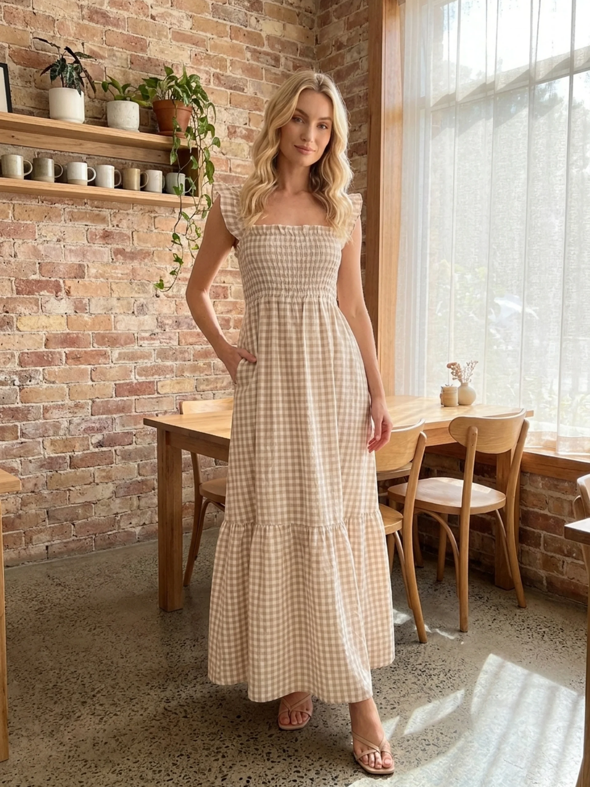 SIDONIE Women's Smocked Gingham Maxi Dress with Ruffle Sleeves