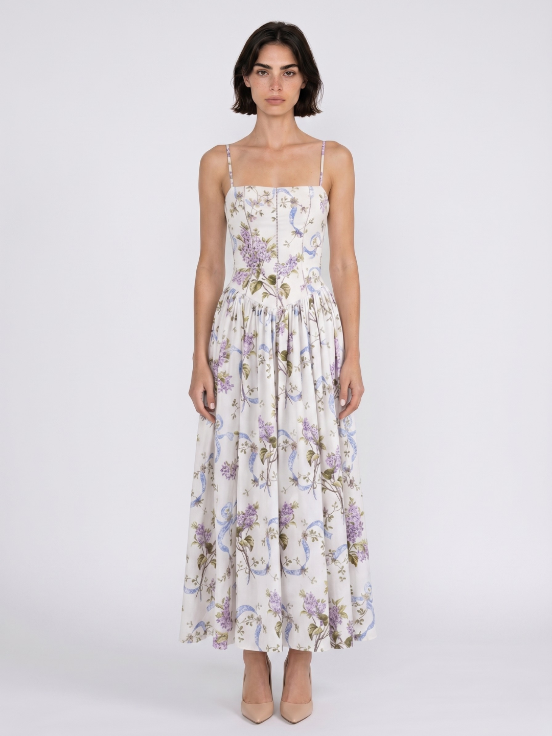 ROSEMUND Women's Floral Spaghetti-Strap Midi Dress with Gathered Skirt