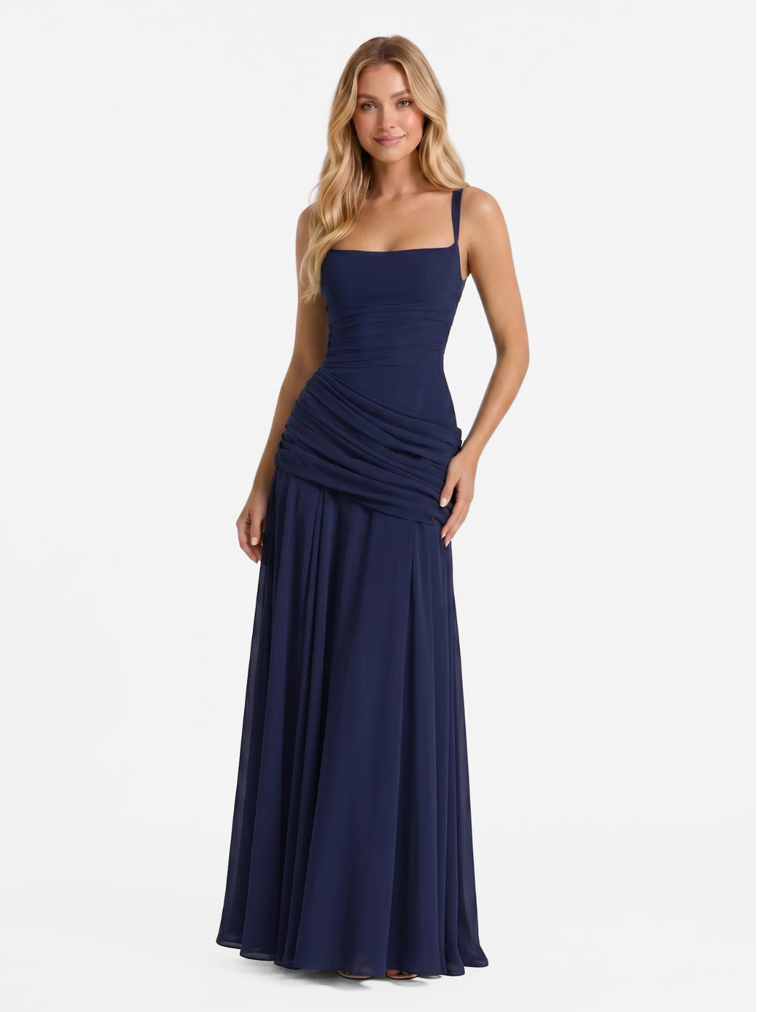 AMBRETTE Women's Square-Neck Ruched Maxi Dress with Draped Waist