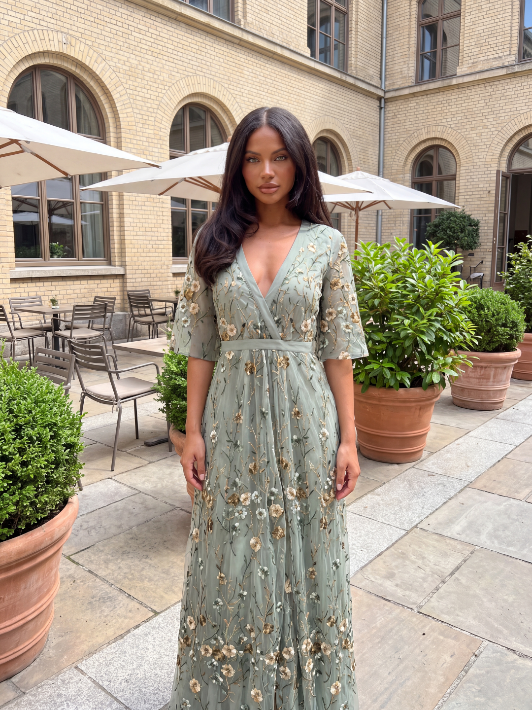 KALINE Women's Floral Embroidered V-Neck A-Line Maxi Dress
