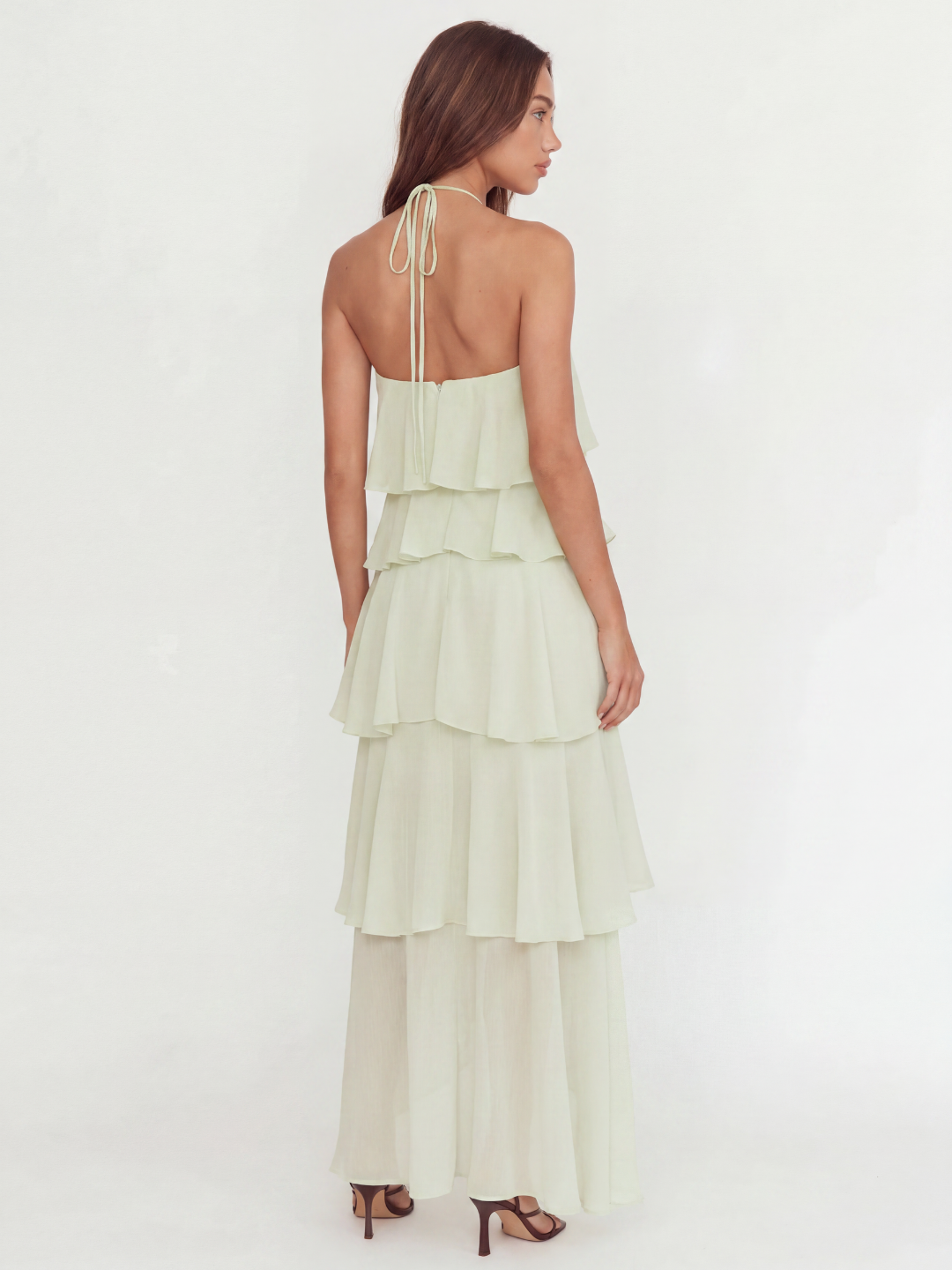 HESPER Women's Halterneck Tiered Ruffle Maxi Dress