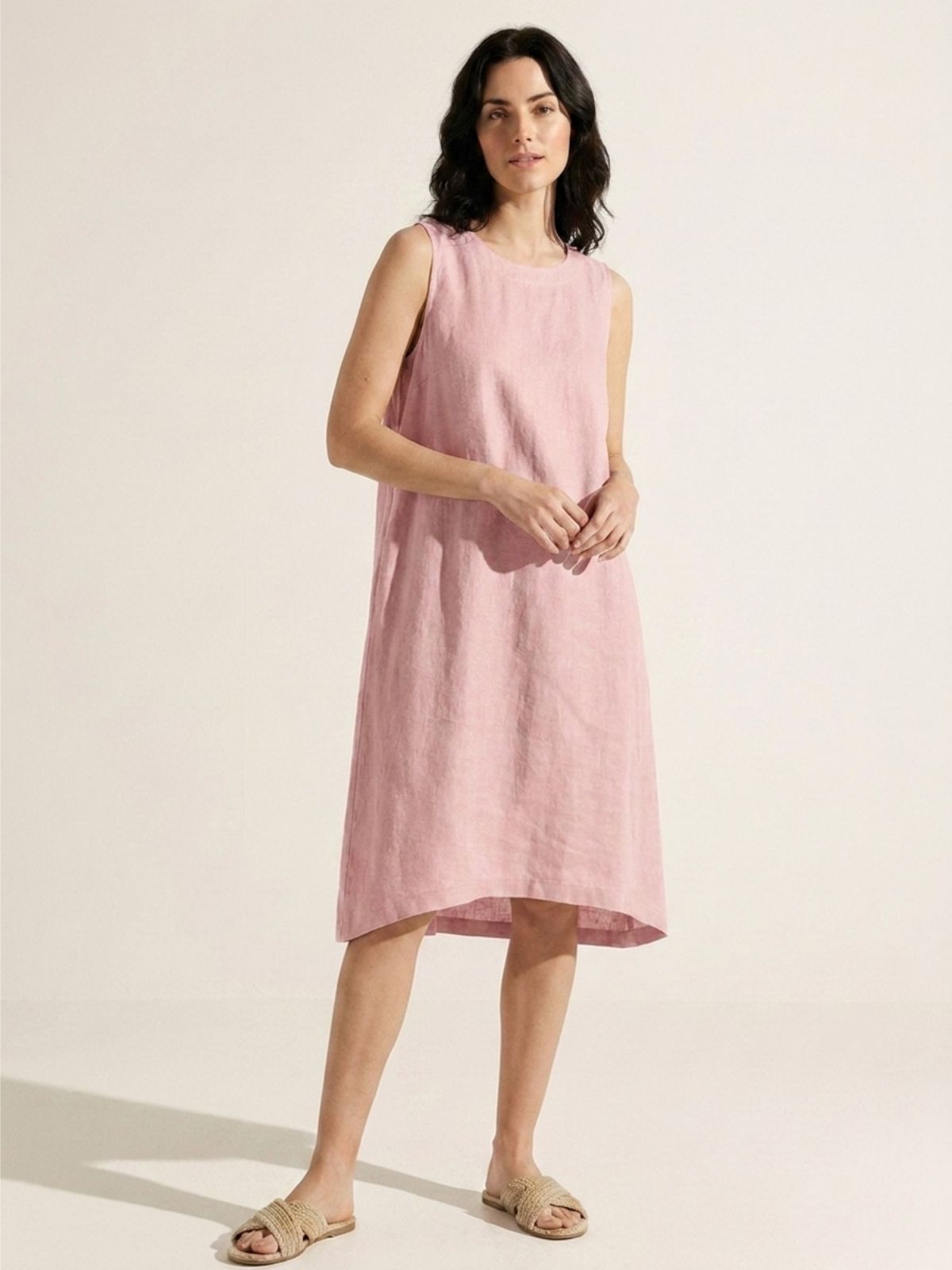 MERIDIAN Women's Sleeveless Linen Midi Dress with High-Low Hem