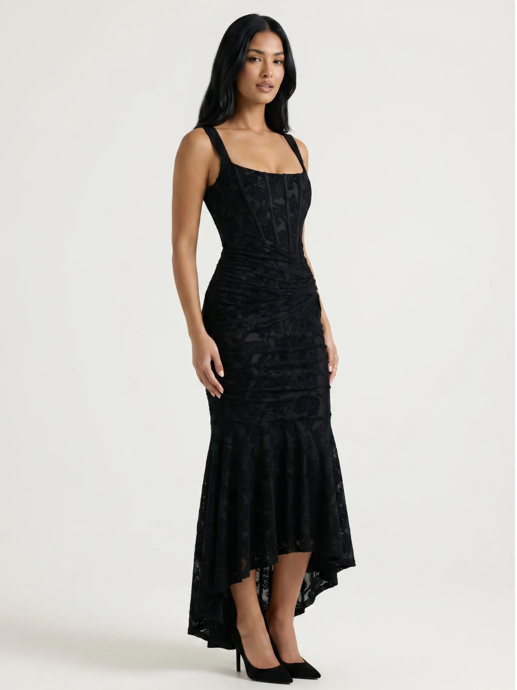 URSULINA Women's Corset Bodice Ruched High-Low Midi Dress