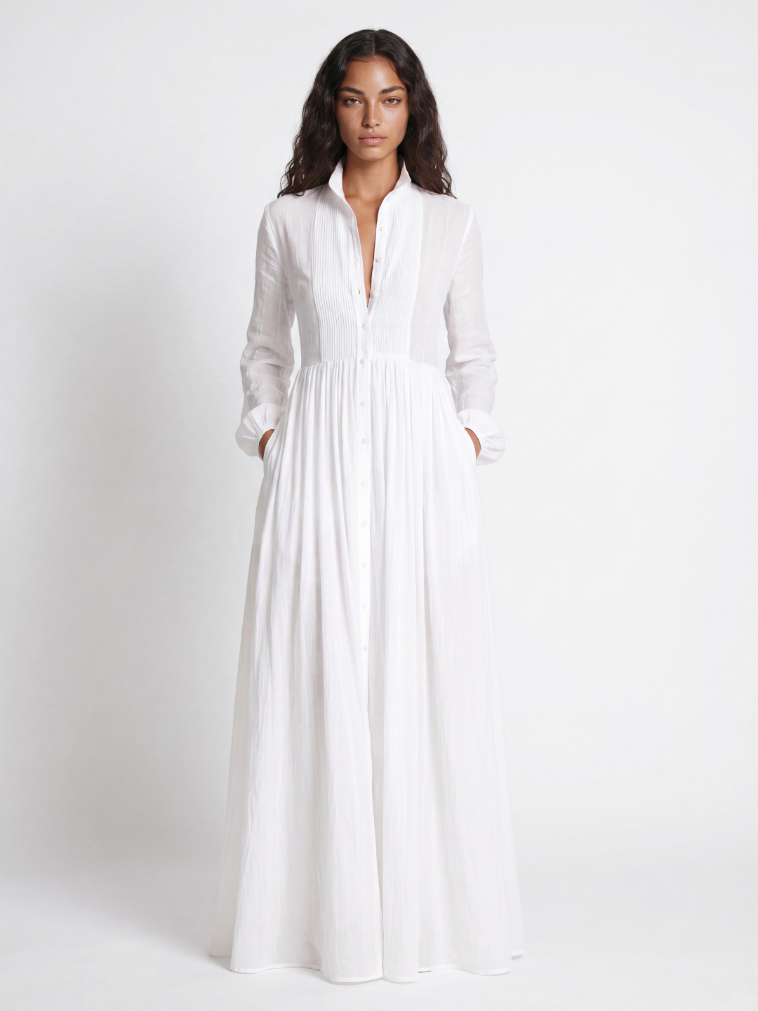 ILARIA Women's Plunge Long Sleeve Maxi Shirt Dress