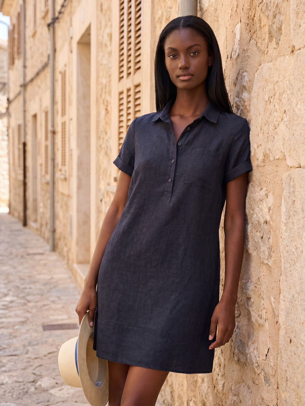 LUCREZIA Women's Short-Sleeve Linen Relaxed Popover Shirtdress with Pockets