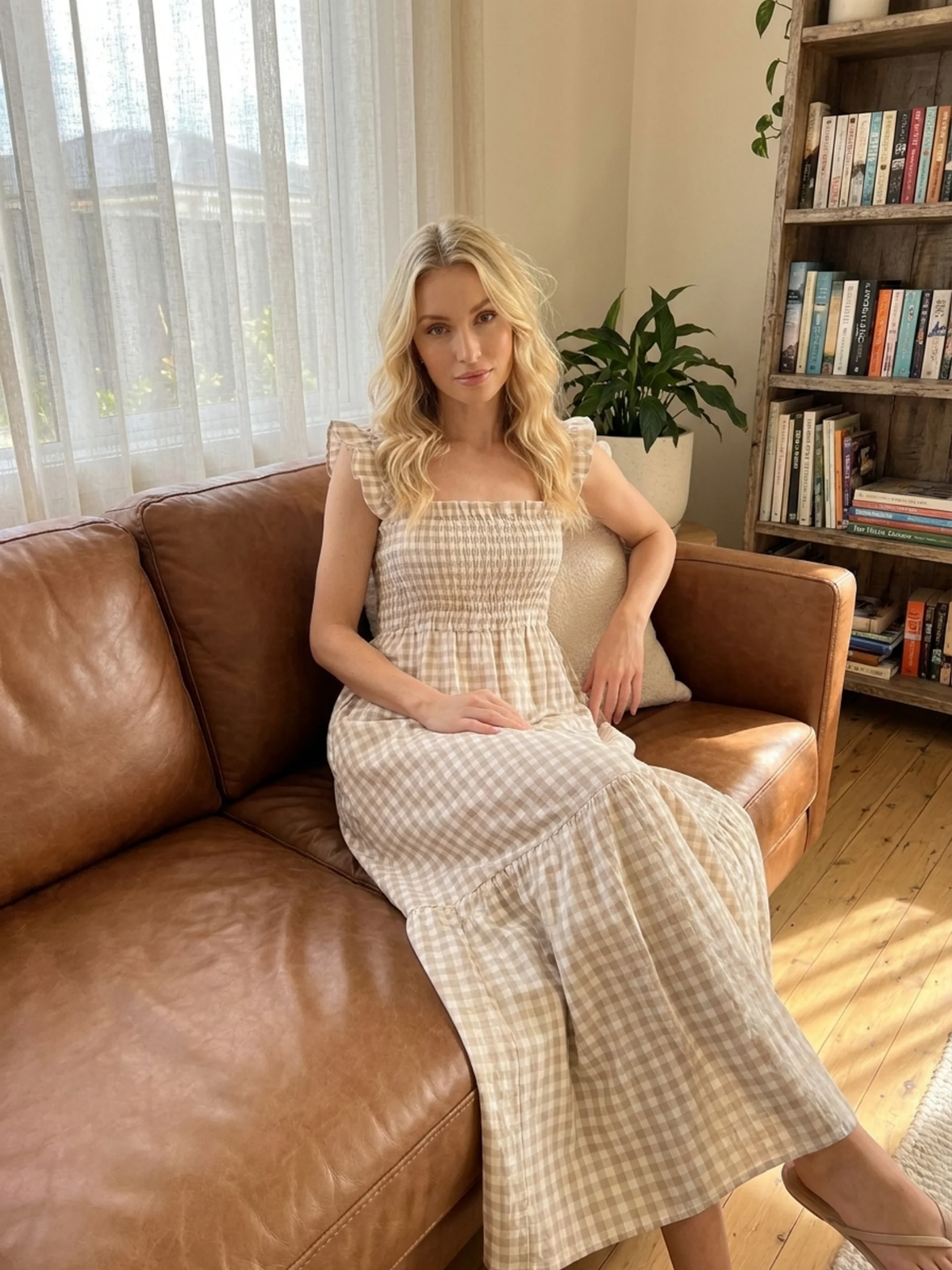 SIDONIE Women's Smocked Gingham Maxi Dress with Ruffle Sleeves