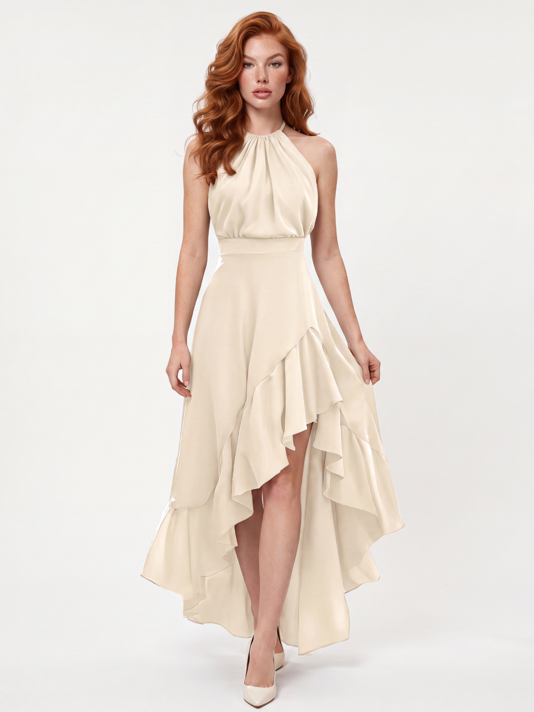 AMITY Women's Halter Neck Ruffle High-Low Midi Dress