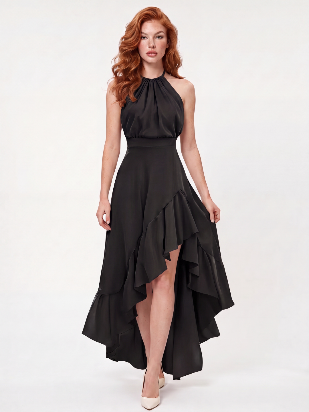 AMITY Women's Halter Neck Ruffle High-Low Midi Dress