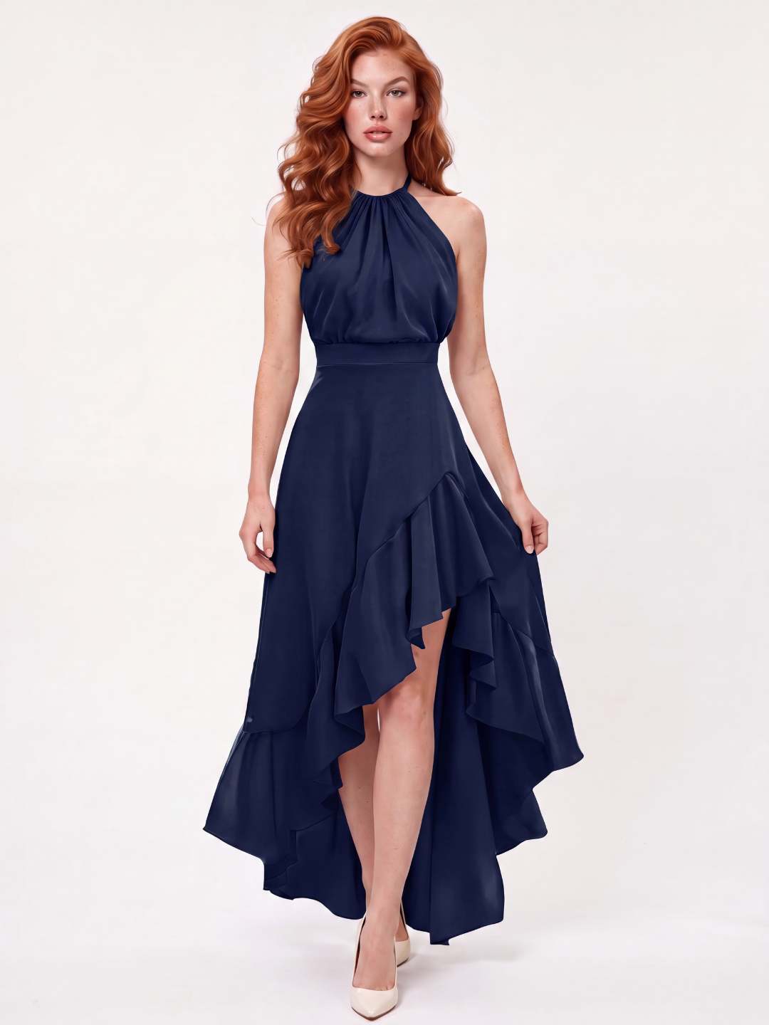 AMITY Women's Halter Neck Ruffle High-Low Midi Dress