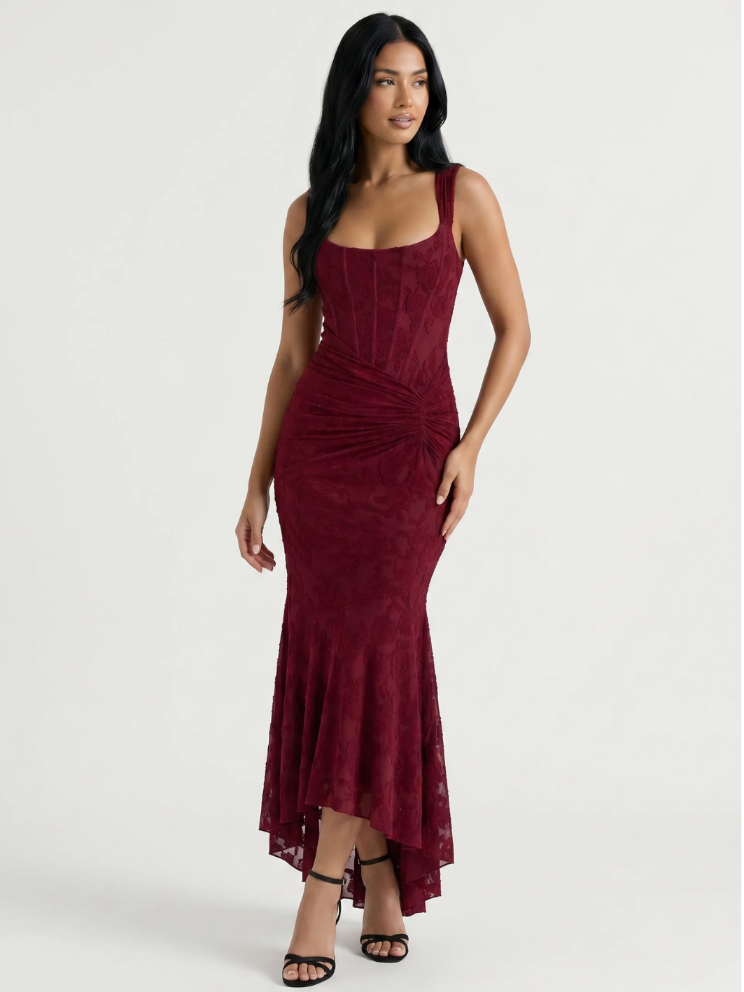 URSULINA Women's Corset Bodice Ruched High-Low Midi Dress