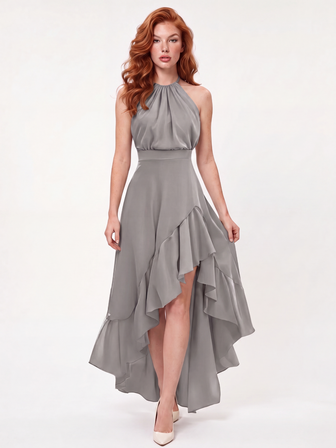 AMITY Women's Halter Neck Ruffle High-Low Midi Dress