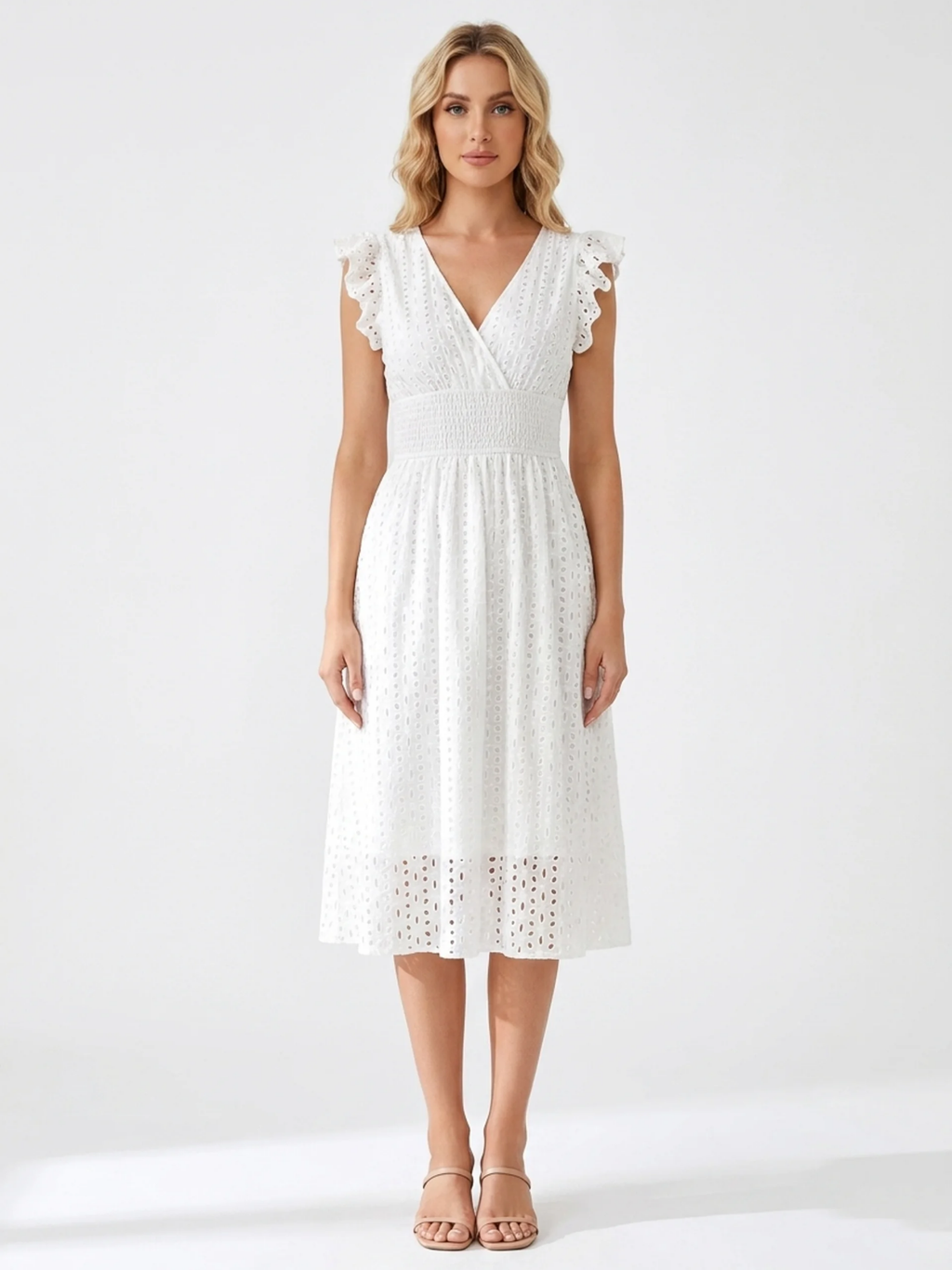 EMBERLYN Women's V-Neck Eyelet A-Line Midi Dress
