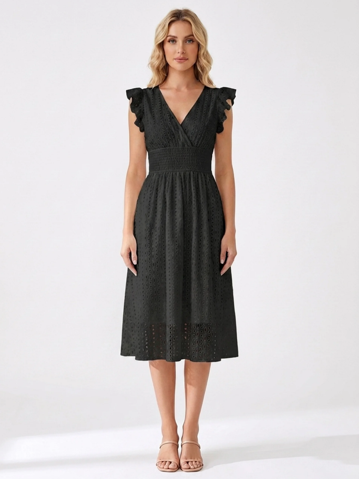 EMBERLYN Women's V-Neck Eyelet A-Line Midi Dress