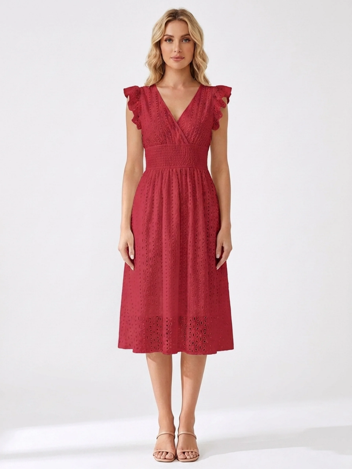 EMBERLYN Women's V-Neck Eyelet A-Line Midi Dress