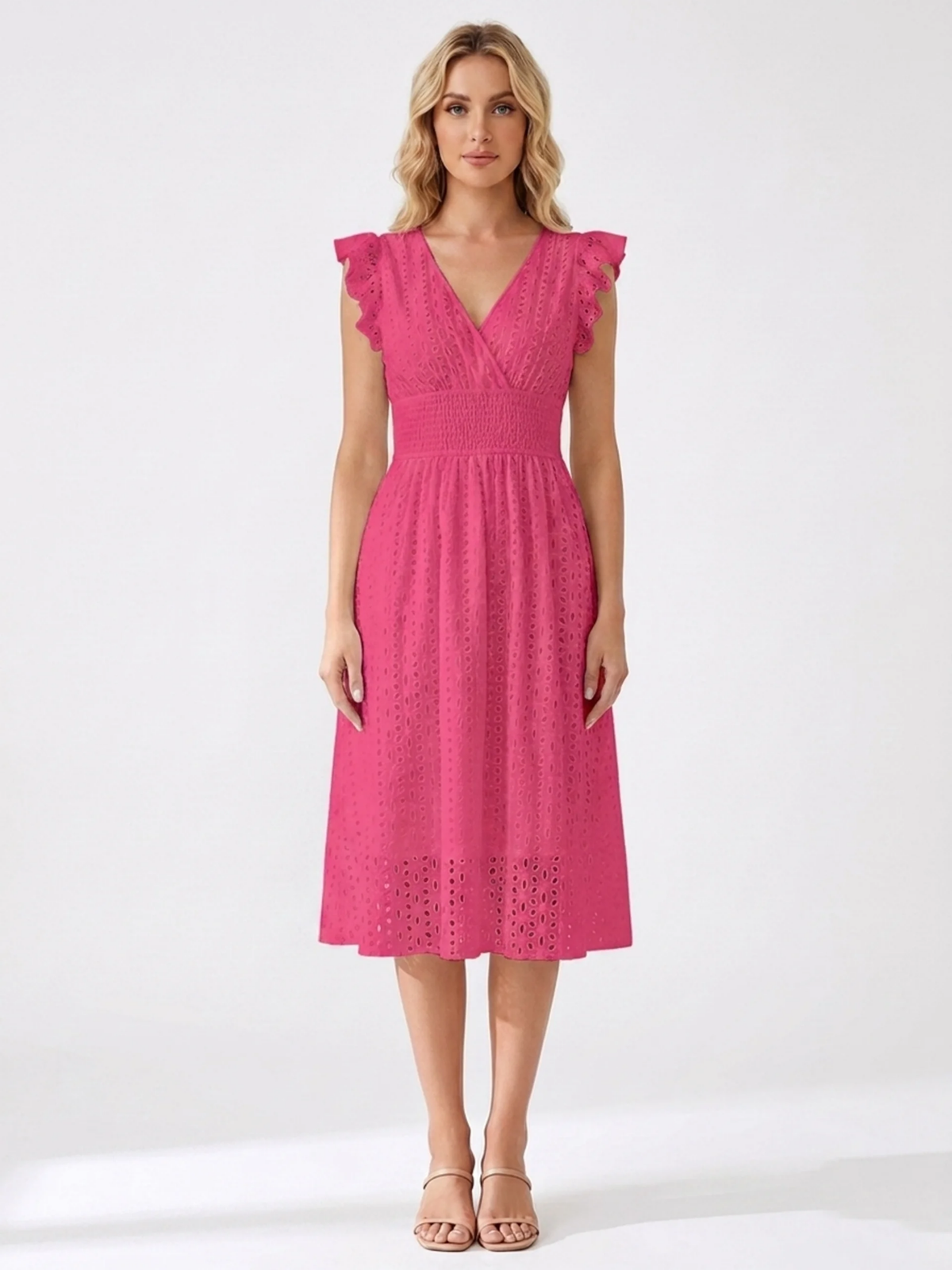 EMBERLYN Women's V-Neck Eyelet A-Line Midi Dress