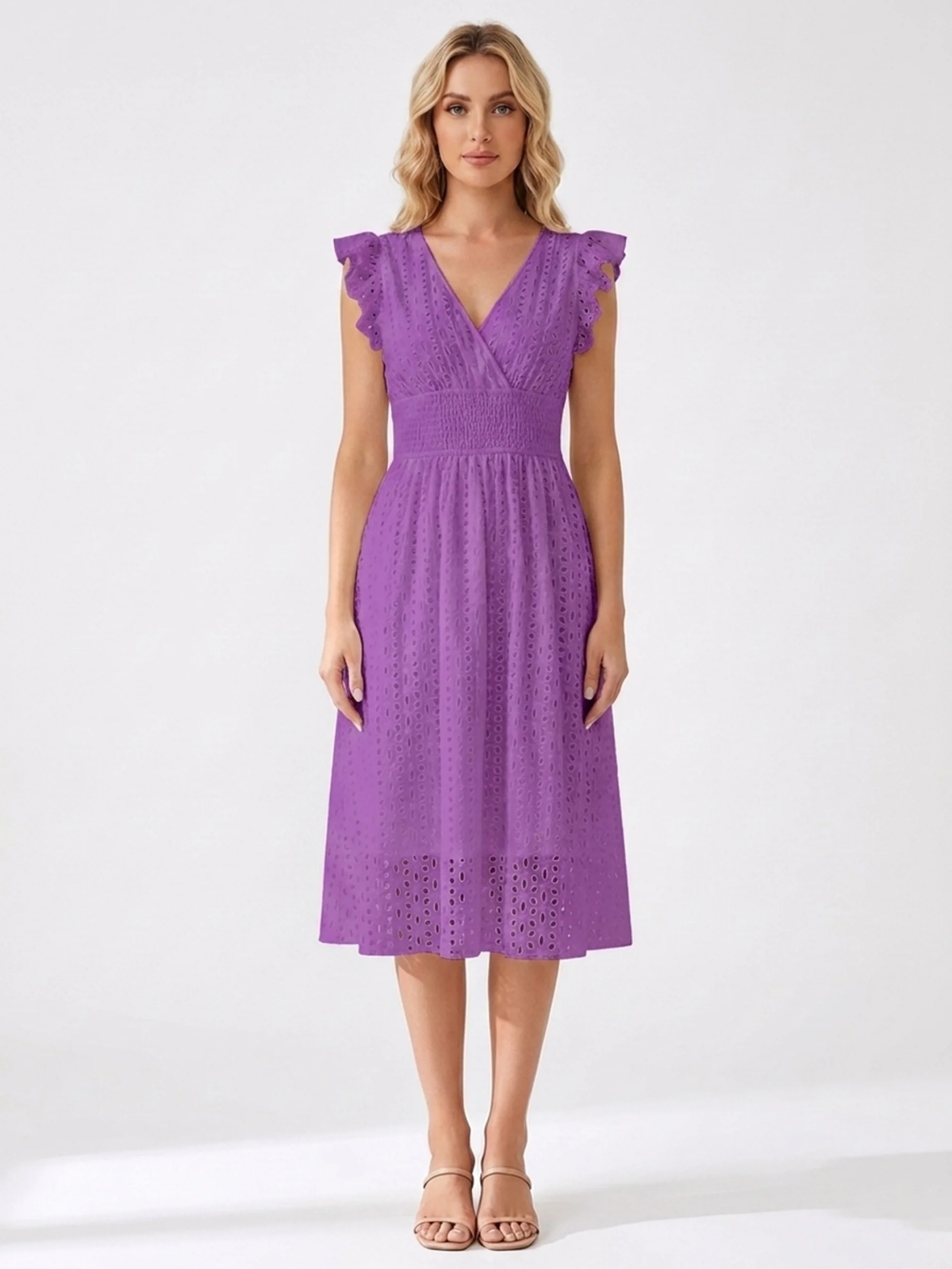 EMBERLYN Women's V-Neck Eyelet A-Line Midi Dress