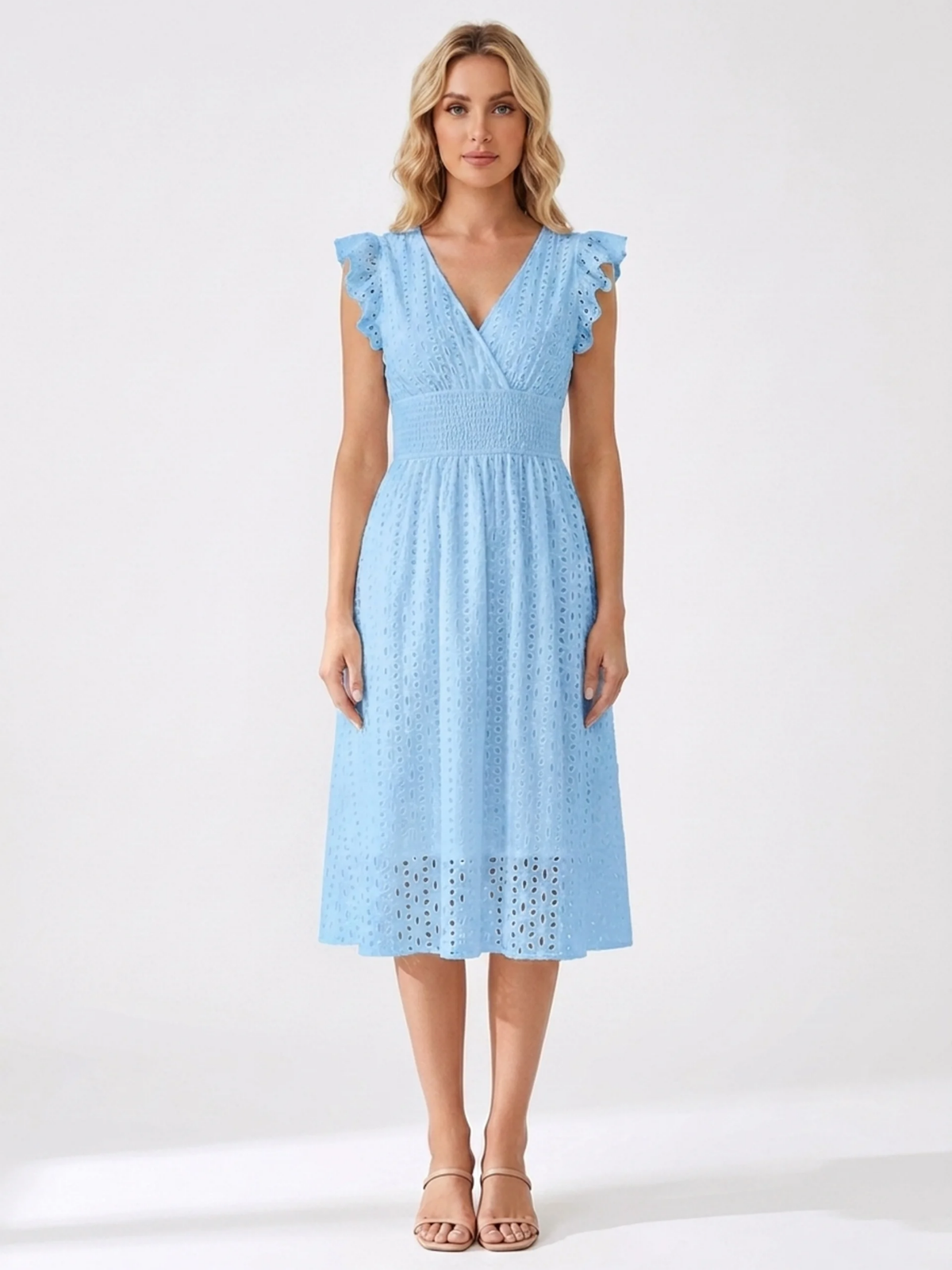 EMBERLYN Women's V-Neck Eyelet A-Line Midi Dress