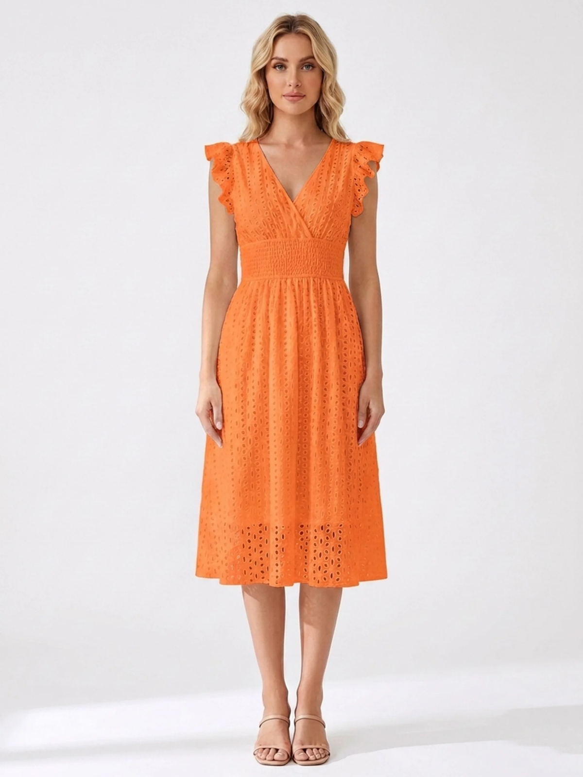 EMBERLYN Women's V-Neck Eyelet A-Line Midi Dress