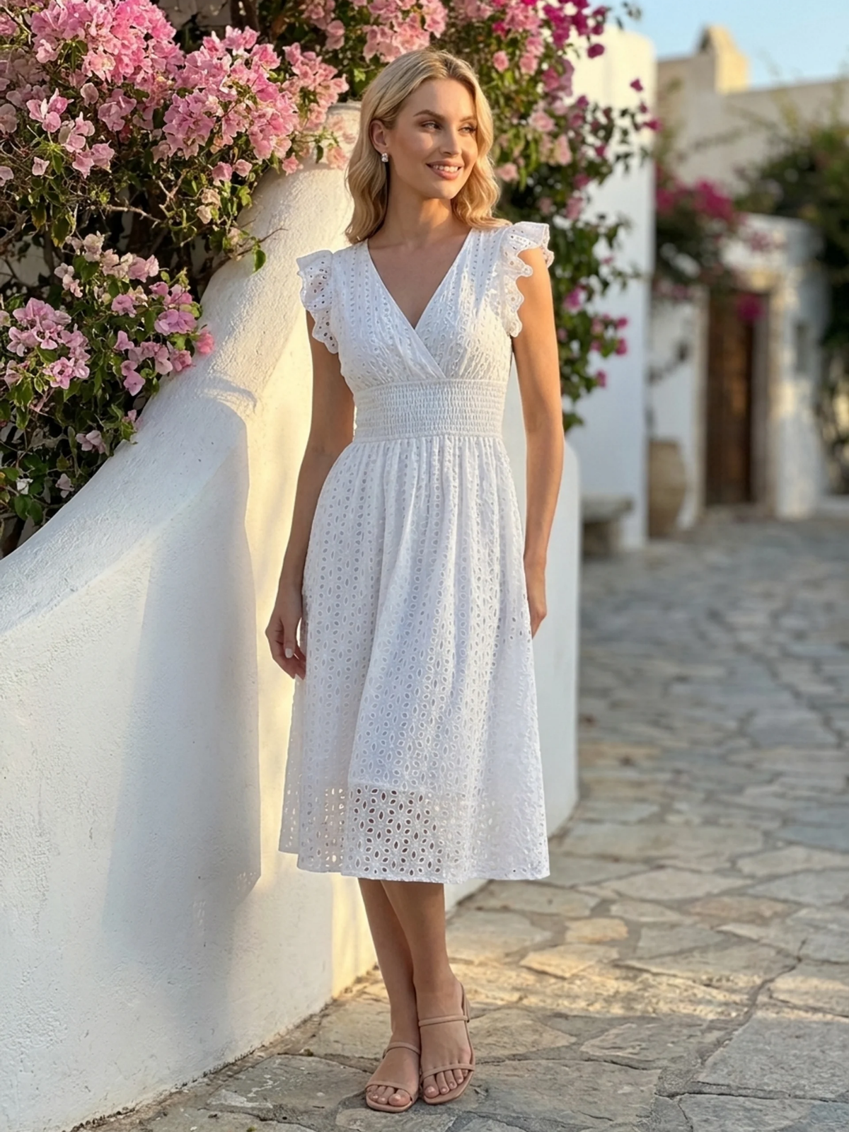 EMBERLYN Women's V-Neck Eyelet A-Line Midi Dress