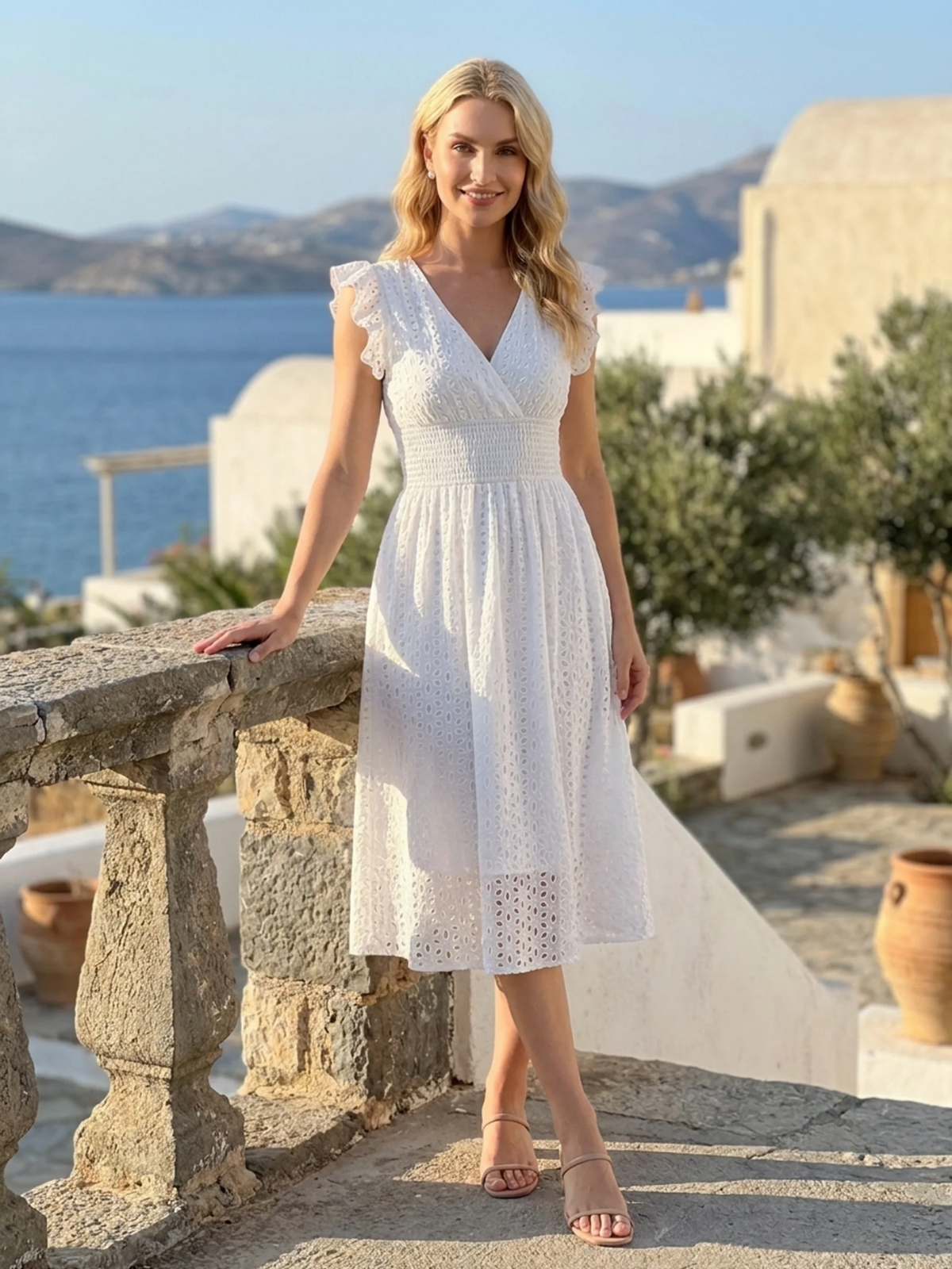 EMBERLYN Women's V-Neck Eyelet A-Line Midi Dress