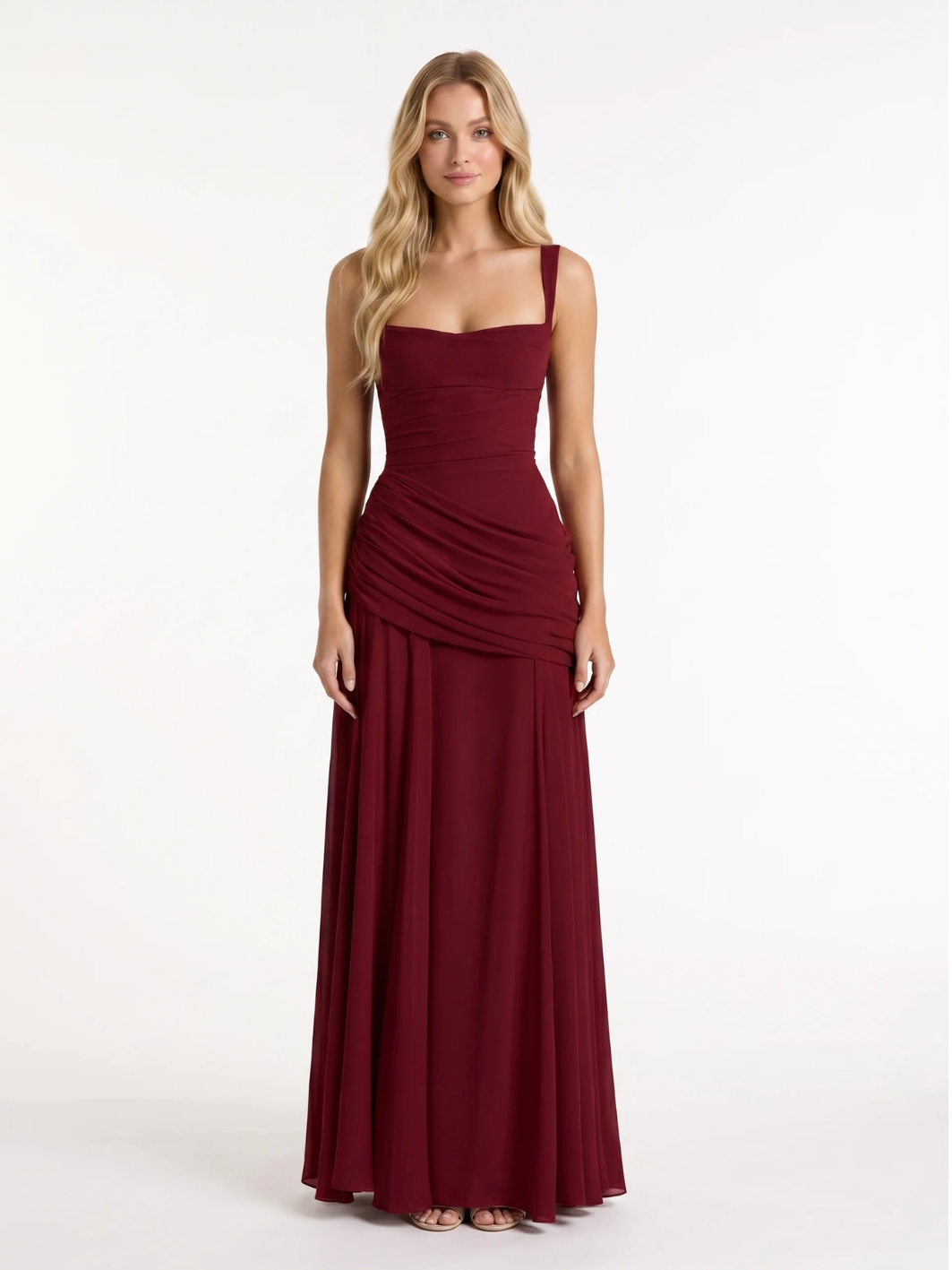 AMBRETTE Women's Square-Neck Ruched Maxi Dress with Draped Waist
