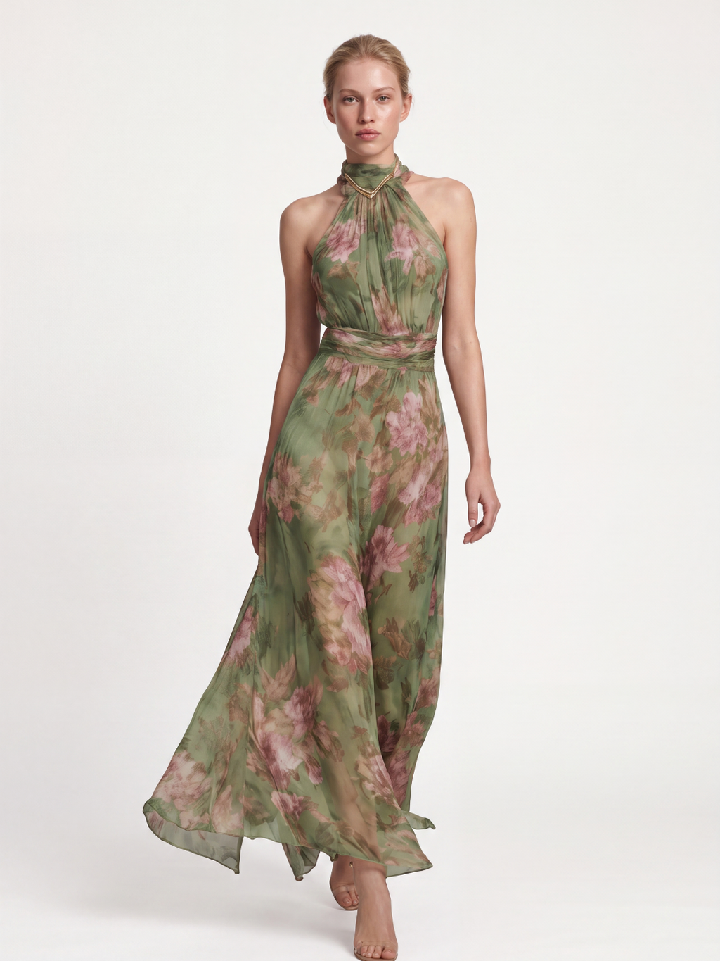 MELISANDE Women's Floral Halter Neck Ruched Maxi Dress