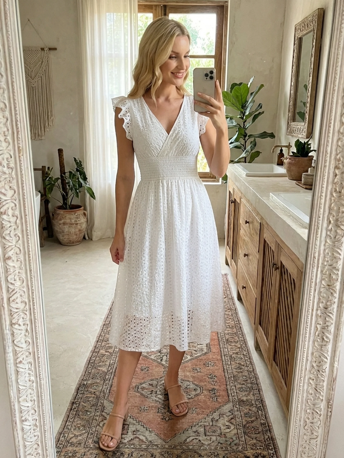EMBERLYN Women's V-Neck Eyelet A-Line Midi Dress
