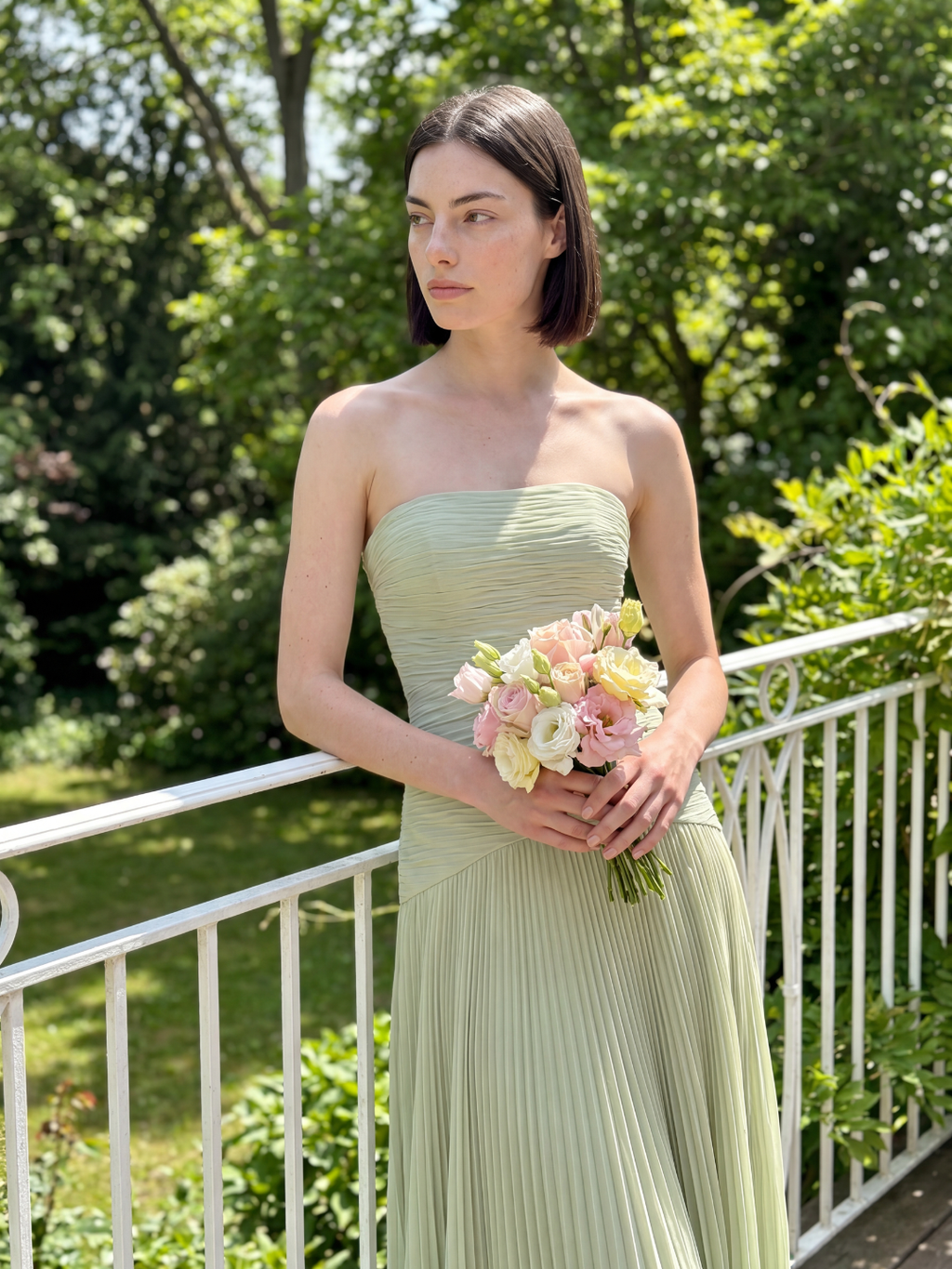 ONDINE Women's Strapless Ruched Dropped-Waist Pleated Maxi Dress