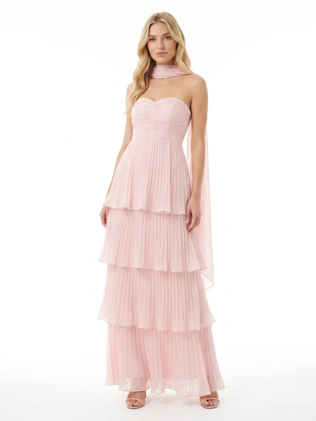 IRISA Women's Strapless Tiered Pleated Maxi Dress with Scarf