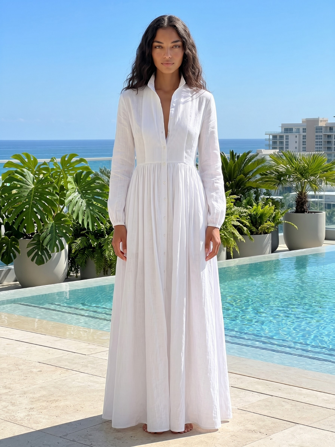 ILARIA Women's Plunge Long Sleeve Maxi Shirt Dress